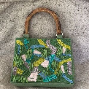 Handcrafted Green Beaded Top-Handle Women's Bag
